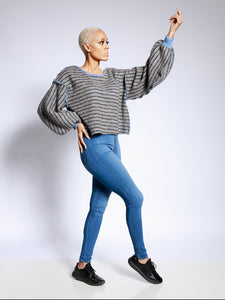 Gray/blue knit bishop reverse sweater