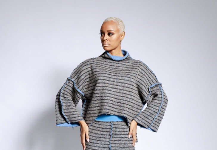 Gray/blue knit reverse sweater
