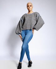 Gray/blue knit bishop reverse sweater