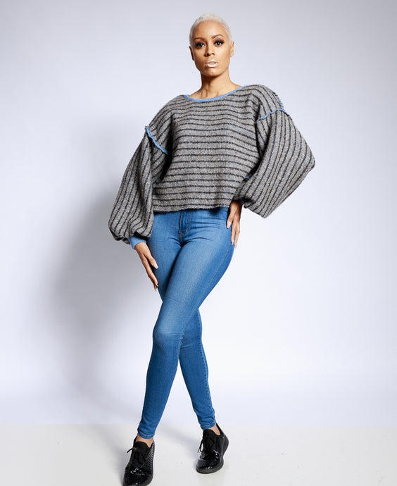Gray/blue knit bishop reverse sweater