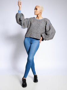 Gray/blue knit bishop reverse sweater