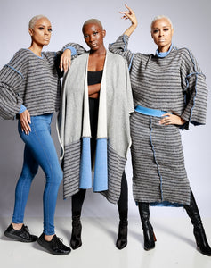 Gray/blue knit bishop reverse sweater