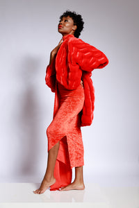 Fur/Tomato red, high low coat